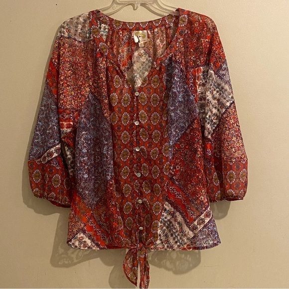 Anthropologie Fig and Flower XL Boho 3/4 Sleeve Tie Hem V-neck Red Blue Sheer - Picture 1 of 9